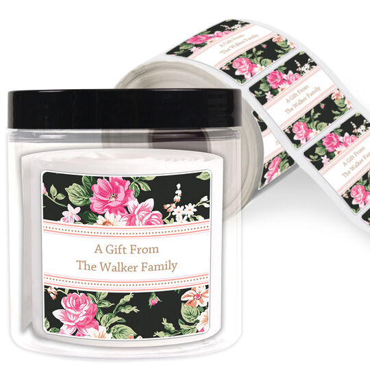 Black Vintage Roses Square Gift Stickers in a Jar